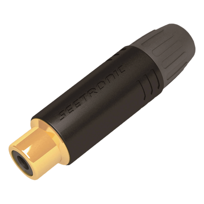 MT390 - Conector RCA Hembra / Contacto Chapado en Oro / Carcasa Metálica Negra / Cable OD 3.5-6.5 mm / 2000 Ciclos