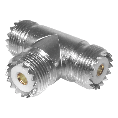 RFU-534 - Adaptador RF / Triple UHF Hembra / Forma T / SO-239 / Níquel-Plata / Delrin