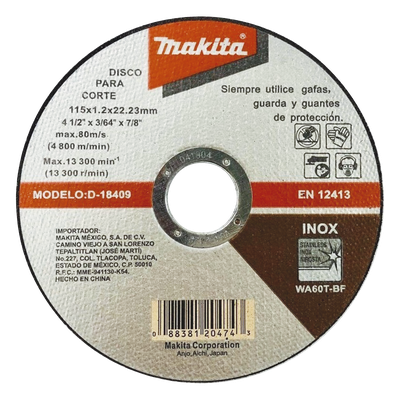 D18409 - Disco de Corte / Acero Inoxidable / 115 mm (4-1/2') / Eje 7/8' / Espesor 1.2 mm