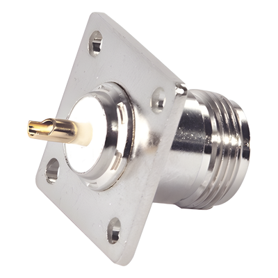 RFN-1021-SYS - Conector N Hembra / Montaje en Panel / 4 Perforaciones 18 mm (0.71 in) / Pin Largo / Bronce Plateado / Contacto Oro / Aislante Teflón