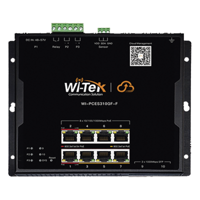WI-PCES310GF-F - Switch PoE Industrial L2 / 8 Puertos Gigabit PoE / 2 SFP / PoE++ 90W / Presupuesto PoE 145 W / Administración Cloud / Sin Ventiladores / -40 a 75°C