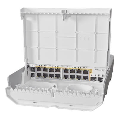 CRS318-16P-2S+OUT - CRS318-16P-2S+OUT, netPower 16P, Switch Exteriores, 16 GEth PoE 802.3af/at, 2 SFP+ 10G, RouterOS/SwitchOS