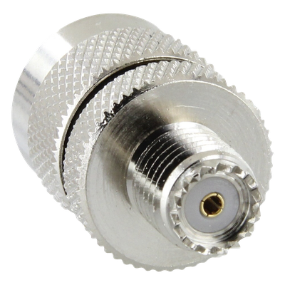 RFU-626 - Adaptador RF / Mini UHF Hembra a UHF Macho (PL-259) / Montaje en Línea / Cuerpo Níquel / Contacto Oro / Aislante Teflón