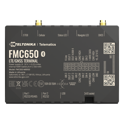 FMC650 - Rastreador Vehicular GPS / 4G LTE Cat 1 con 2G Fallback / Lectura CAN J1939/J1708 / Bluetooth / 4 Entradas/Salidas Digitales / Batería de Respaldo 550 mAh