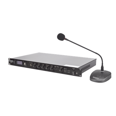 SF120DTB/MIC - Kit Amplificador de Voceo / 120W RMS / Salida 100V/4Ω / Bluetooth / USB / MP3 / FM / 4 Entradas de Micrófono / Micrófono de Escritorio