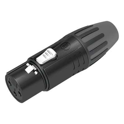 SCMF3-B - Conector XLR Hembra / Carcasa Metálica Negra / Contactos Chapados en Plata / Abrazaderas 3.5-8 mm / Diseño Compacto Sin Anillo