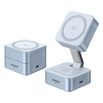 55960B - Cargador Inalámbrico Magnético / Qi2 Certificado 25W / Doble Carga + USB-C 5W / Plegable / 16 Imanes 7N / Enfriamiento Inteligente