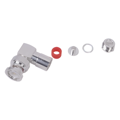 RFB-1110-C-04 - Conector Coaxial BNC Macho / Ángulo Recto / Rosca / Bronce Plateado / Contacto Oro / Teflón / RG-58/U, RG-142/U, LMR-195