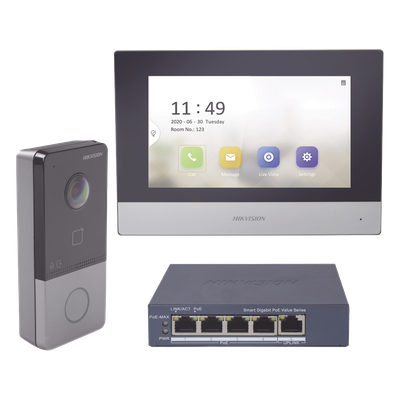 DS-KIS603-P/S - Kit de Videoportero IP / Pantalla Táctil 7" / Cámara 1080p / IR Nocturno 3 m (9.8 ft) / IP65 / PoE / Apertura MIFARE / App Móvil