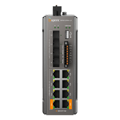 SP5012FML2(V2) - Switch PoE Industrial Gestionado L2+ / 8 Puertos Gigabit PoE / 4 Puertos SFP 10G / Capacidad 96 Gbps / PoE 240W / Rango -40 a 75 °C / Sin Ventilador