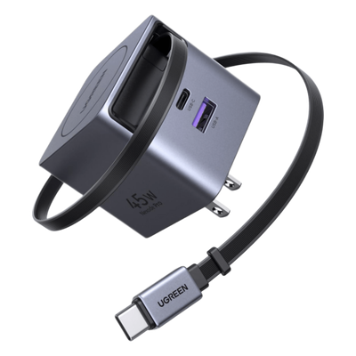 65821 - Cargador Rápido / 45W GaN / Cable Retráctil 0.7 m (2.3 ft) / 3 Puertos / Eficiencia 95% / Protección 8 Capas / 100-240V AC