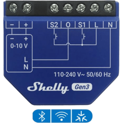 SHELLYDIM010VPMG3 - Controlador de Atenuación Inteligente / 0-10V y 1-10V / Wi-Fi, Bluetooth / 110-240 VAC / 13 A / PM Gen3