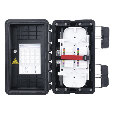 FDP-420F - Caja de Distribución de Fibra Óptica / 96 Empalmes / IP65 Exterior / 4 Charolas / Polipropileno + Fibra de Vidrio UV / 2 Entradas 8-20mm y 5-16mm