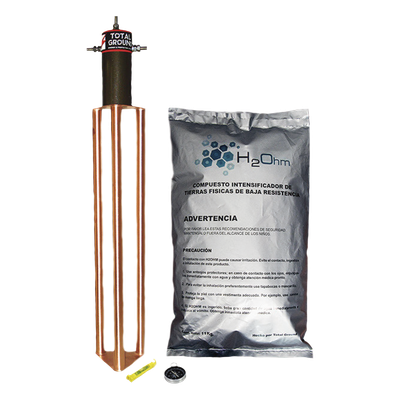 TG-45AB - Electrodo de Puesta a Tierra / 45 Amp / Filtro LCR / Resistencia < 2 Ohm / Cobre Electrolítico / Compuesto H2Ohm / 20 Años Sin Mantenimiento