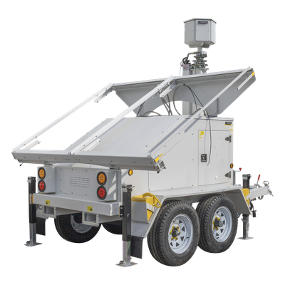 PST-VTS-4PL - Torre de Videovigilancia Móvil / Mástil Retráctil 7.5 m (24.6 ft) / Doble Eje / 4 Bases para Paneles Solares / Remolque para Condiciones Adversas