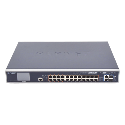GS-6320-24UP2T2XV - Switch Administrable L3 / 24 Puertos Gigabit PoE 802.3bt / 2 Puertos 10G SFP+ / Pantalla Táctil LCD / Fuente Redundante / 600W