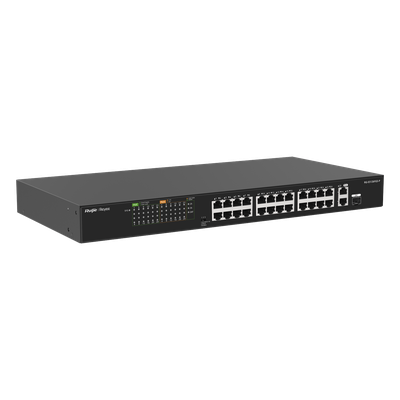 RG-ES126FGS-P - Switch PoE+ No Administrable / 24 Puertos 10/100 PoE+ / 2 Uplinks Gigabit / 370W PoE / 8.8 Gbps / 1.44 ft x 0.70 ft x 0.14 ft