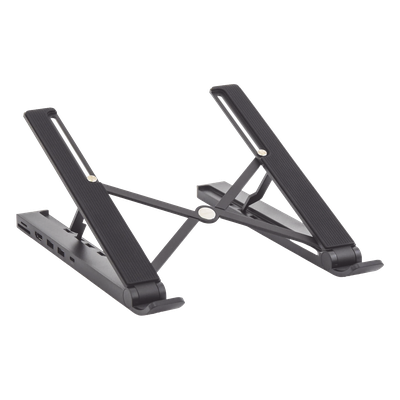 80551 - HUB (Docking Station) 5 en 1 con Soporte para Laptop | 2 USB 3.0 a 5Gbps | HDMI 4K@30Hz | Memoria Micro SD (TF) + SD | Amplia Compatibilidad de 10-15" | Ajuste de Altura | Aluminio | PC+ABS | Silicona | Color Negro.