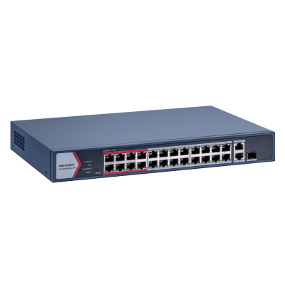 DS-3E1326P-EI/M - Switch Gigabit PoE+ / Monitoreable / 24 Puertos 1000 Mbps PoE+ / 1 Puerto 1000 Mbps de Uplink / 1 Puerto SFP /  Configuración Nube desde Hik-PartnerPro / Modo Extendido hasta 300 Metros / 230 Watts