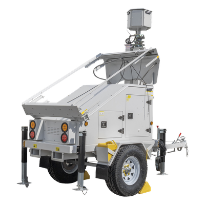 PST-VTS-3P - Torre de Vigilancia Móvil / Mástil Retráctil 7.5 m (24.6 ft) / 3 Bases para Paneles Solares / Traila para Videovigilancia o Iluminación / Construcción Resistente a Clima Adverso