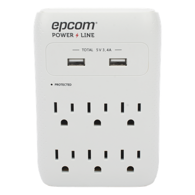 EPLSPWUSB - Multicontacto de Pared / 6 Salidas NEMA 5-15R / Supresor de Picos 1080 J / 2 x USB-A 5V/3.4A / 1800W / Filtro EMI/RFI 40 dB