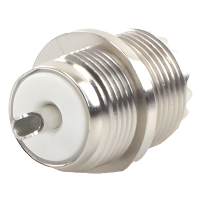 RFU-523 - Conector UHF Hembra / Montaje Frontal en Panel D Plano / Cuerpo Zinc Niquelado / Contacto Plateado / Aislante Baquelita / Soldable
