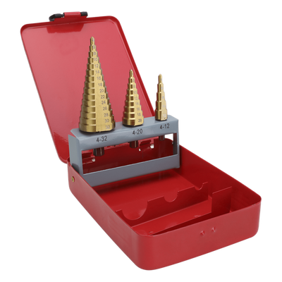 PST-C020-02 - Juego de Brocas Escalonadas / 3 Piezas / 4-12 mm / 4-20 mm / 4-32 mm / HSS / Para Metal y Plástico