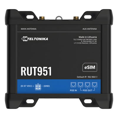 RUT951-POE - Router Industrial 4G LTE / Cat 4 150 Mbps / Dual SIM + eSIM / PoE In/Out 802.3af / 4 Puertos Ethernet 10/100 Mbps / VPNs Avanzadas / Gestión RMS