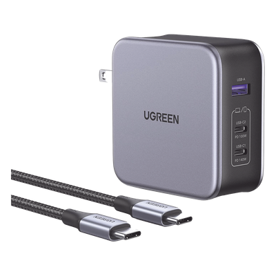 90548 - Cargador de Escritorio / 140W / 3 Puertos / 2 USB-C PD3.1 + 1 USB-A / GaN II + SiC / Enchufe Plegable