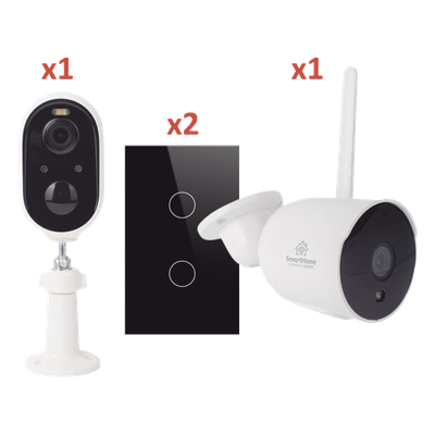 SH2CAM2SK - Kit de Automatización / WiFi 2.4 GHz / 2 Cámaras + 2 Apagadores Triples / Control por Voz / 100V-250V / 120mm x 72mm (4.72in x 2.83in)