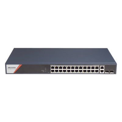 DS-3E1528HP-SI-24P2T2F - Switch PoE+ Industrial Administrable / 24 Puertos Gigabit PoE+ (4 Puertos PoE++ 90 W) / 2 Puertos Uplink Gigabit / 2 Puertos SFP / Alcance Extendido 300 m (984.3 ft) / 370 W