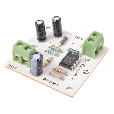 RPEM1 - Tarjeta preamplificadora / 3-18 VDC / 30 dB ganancia ajustable / Micrófono electret integrado / Salida por bloque de terminales