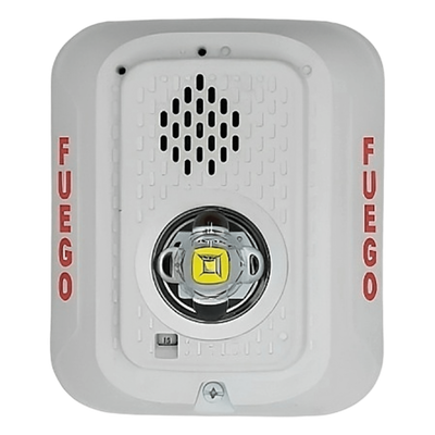 P2WLEDSP - Sirena con Estrobo LED / 2 Hilos / Montaje en Pared / 24 Vcd / Candela Seleccionable / Texto en Español
