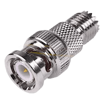 RFU-627 - Adaptador de Conector RF / Mini-UHF Hembra a BNC Macho / Montaje en Línea / Impedancia 50Ω / Cuerpo Bronce Niquelado / Contacto Oro 24K / Aislante Teflón
