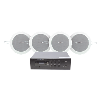 SFB120/4CS - Kit Amplificador Voceo / 120W RMS / Sistema 70/100V / 4 Altavoces de Plafón 4in / Bluetooth y MP3 / Taps 3-6W