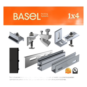 KITBASEL1X4 - Sistema de Montaje Solar / Techo Plano / 4 Módulos / Resistencia 140 km/h / Inclinación 15° / Rieles 4.72 m (15.5 ft)