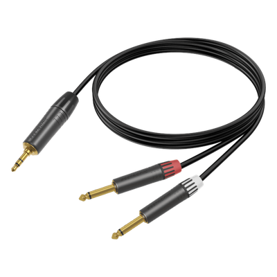 CMC02020AS-TP-2PM-5 - Cable de Audio Profesional / Plug 3.5 mm Estéreo a 2 Plugs 6.35 mm (1/4 in) Mono / Longitud 5 m (16.4 ft) / Conectores Chapados en Oro / Carcasa Negra