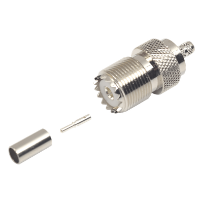 RFU-527 - Conector UHF Hembra / SO-239 / Anillo Plegable / Cable RG-58/U y RG-142/U / Níquel y Plata / Delrin