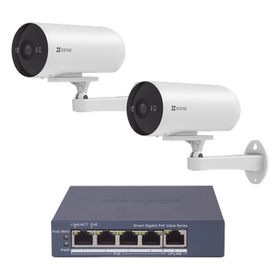 CS-H5/3MP/POE/KS2 - Kit de Videovigilancia PoE / 2 Cámaras IP 3 Megapixel / Switch 4 Puertos PoE+ Gigabit / Visión Nocturna a Color / IP67 / Audio Bidireccional / Luz y Sirena