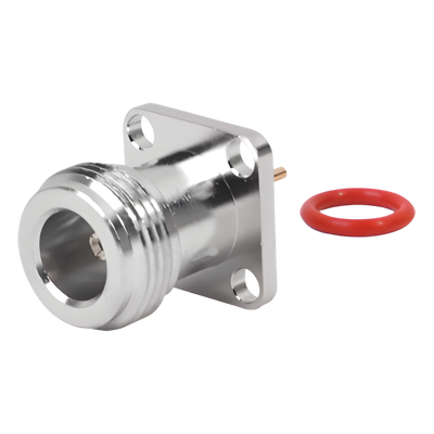 RFN-1021-5 - Conector RF N Hembra / Montaje Panel Cuadrado 17.5 mm / 4 Perforaciones 12.7 mm (0.5 in) / Soldable / Contacto Oro / Aislante Teflón