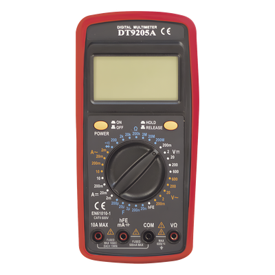 DT9205A - Multímetro Digital / 600 V CC/CA CAT II / 1999 Recuentos / LCD 67 x 42 mm / Corriente 10 A / Resistencia 200 MΩ / HFE Transistores