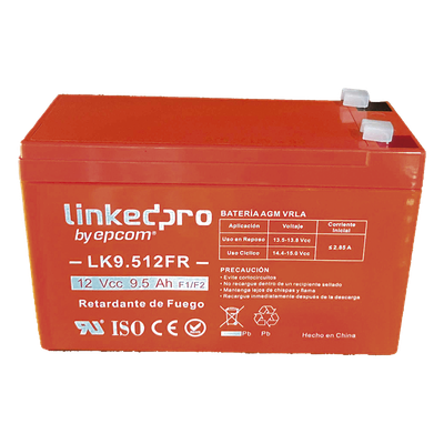 LK9.512FR - Batería de Respaldo AGM / 12 VCC / 9.5 Ah / Retardante a la Flama UL94-V0 / Vida Útil 5 Años / Terminales F1 con Adaptador F2
