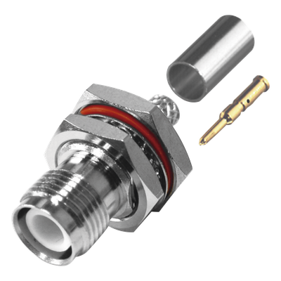 RP-1212-C1 - Conector TNC Hembra Inverso / Montaje Trasero Panel D-Plano / Hermético Anillo Plegable / RG-142/U / Níquel-Oro-Teflón