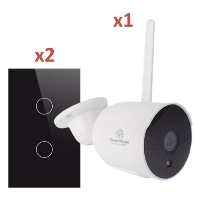 SH1CAM2SK - Kit Domótica WiFi / 1 Cámara + 2 Apagadores Triple / 2.4 GHz / 120mm x 72mm / Vidrio Templado / 100-250V