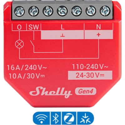 SHELLY1PMGEN4 - Relevador Inteligente / 16A / Medición de Consumo AC / Wi-Fi 2.4 GHz y Bluetooth / 110-240V / Sin Hub
