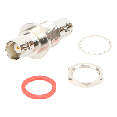 RFB-1135 - Adaptador Coaxial / Doble BNC Hembra / Montaje Chasis Hermético / D-Plano Frontal o Trasero / 50 Ω / Cuerpo Niquelado / Contacto Oro