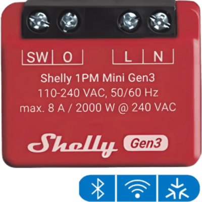 SHELLY1PMMINIGEN3 - Interruptor Inteligente Wi-Fi / Medición de Consumo / 1 Canal 8A / Alcance 10 m a 30 m (32.8 ft a 98.4 ft) / Ultra Compacto