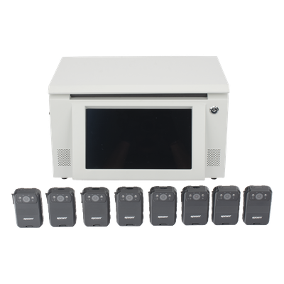 XMRA8R3KIT - Kit Estación de Descarga para Bodycam / 8 Unidades / Pantalla Táctil 12 Pulgadas / Almacenamiento 36 TB / Ethernet FTP / 4G / 4K UHD