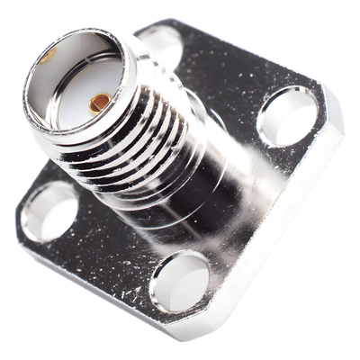 RSA-3271 - Conector SMA Hembra / Montaje Panel Cuadrado 12.7 mm (0.5 in) / 4 Perforaciones 8.64 mm (0.34 in) / Soldable / Níquel-Oro-PTFE