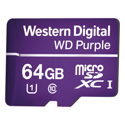 WD64MSD - Memoria microSD de 64GB PURPLE, Especializada Para Videovigilancia, 10 VECES MAYOR DURACIÓN, 3 AÑOS DE GARANTIA
